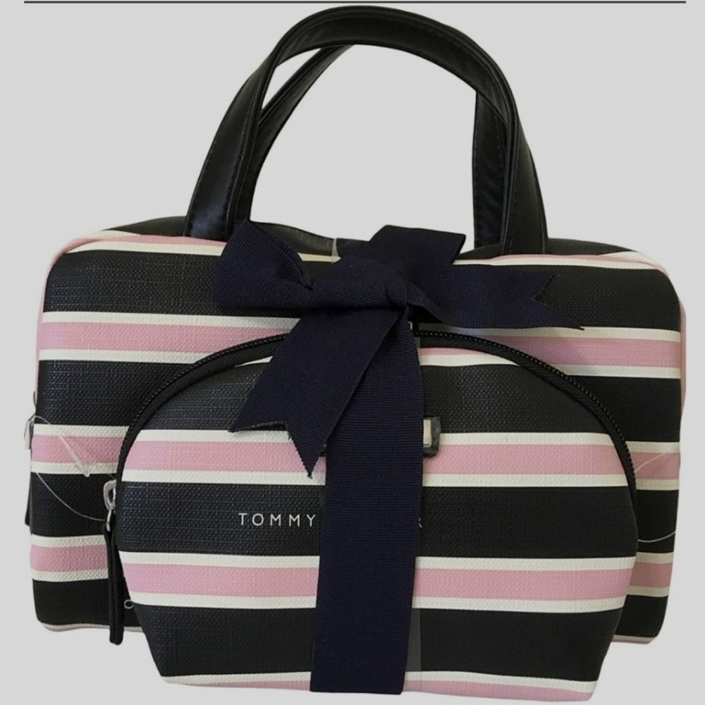 Tommy Hilfiger 2 Piece Cosmetic Bag Set Case Makeup Bag Pink Black Stripe